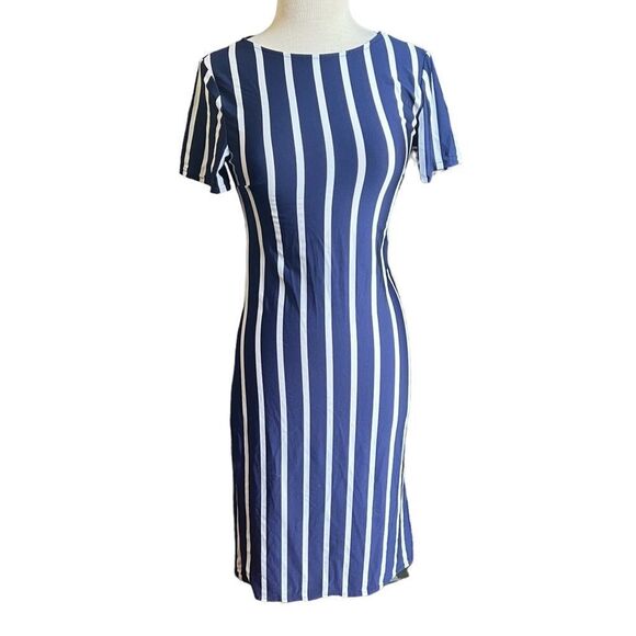 Navy Blue White Stretchy Short Sleeve MIDI Knee Length Pencil Bodycon Dress - Picture 1 of 2